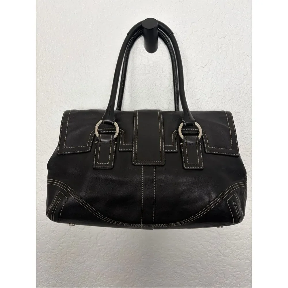 Coach Soho Black Glove Leather Flap Satchel Shoulder Bag Contrast Stitch